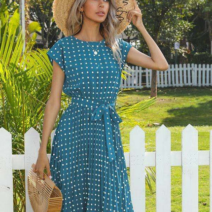 Jakoto Women's Chic Polka Dot High-Waisted Midi Dress with Short Sleeves