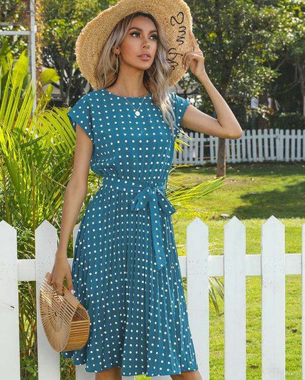 Jakoto Women's Chic Polka Dot High-Waisted Midi Dress with Short Sleeves