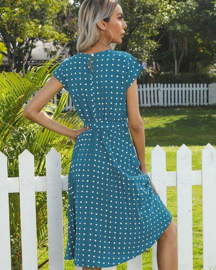 Jakoto Women's Chic Polka Dot High-Waisted Midi Dress with Short Sleeves