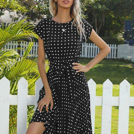 Jakoto Women's Chic Polka Dot High-Waisted Midi Dress with Short Sleeves