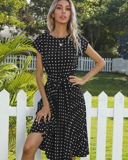 Jakoto Women's Chic Polka Dot High-Waisted Midi Dress with Short Sleeves