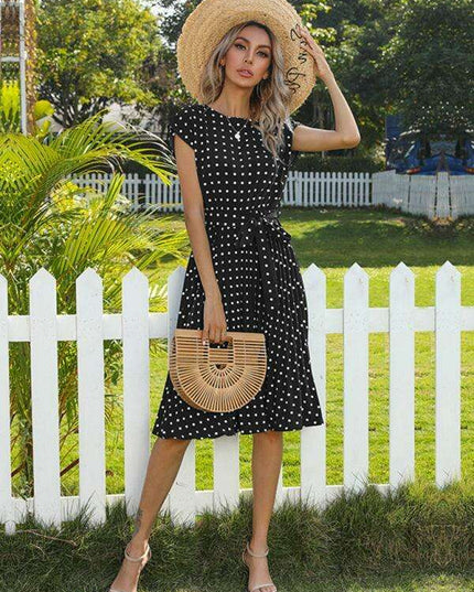 Jakoto Women's Chic Polka Dot High-Waisted Midi Dress with Short Sleeves