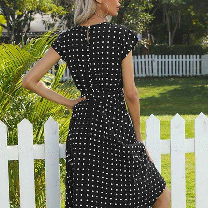 Jakoto Women's Chic Polka Dot High-Waisted Midi Dress with Short Sleeves