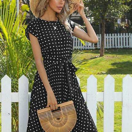 Jakoto Women's Chic Polka Dot High-Waisted Midi Dress with Short Sleeves