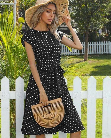 Jakoto Women's Chic Polka Dot High-Waisted Midi Dress with Short Sleeves
