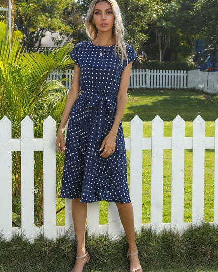 Jakoto Women's Chic Polka Dot High-Waisted Midi Dress with Short Sleeves