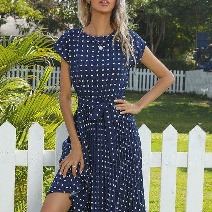 Jakoto Women's Chic Polka Dot High-Waisted Midi Dress with Short Sleeves