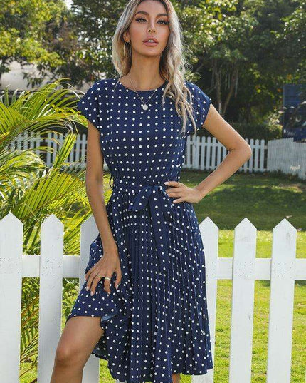 Jakoto Women's Chic Polka Dot High-Waisted Midi Dress with Short Sleeves