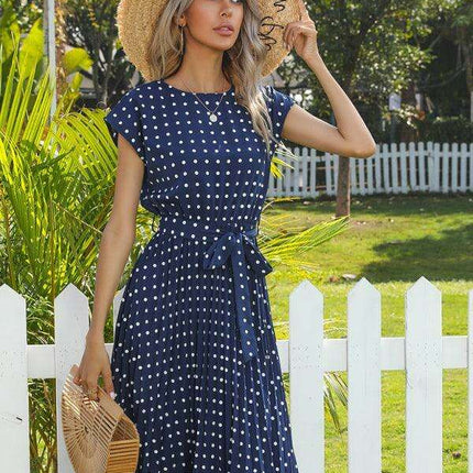 Jakoto Women's Chic Polka Dot High-Waisted Midi Dress with Short Sleeves