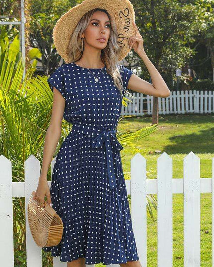 Jakoto Women's Chic Polka Dot High-Waisted Midi Dress with Short Sleeves