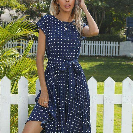 Jakoto Women's Chic Polka Dot High-Waisted Midi Dress with Short Sleeves