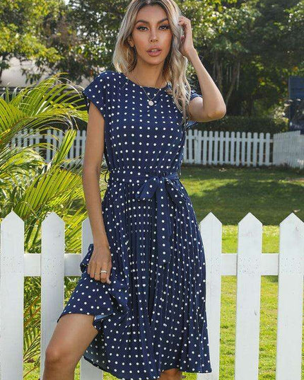 Jakoto Women's Chic Polka Dot High-Waisted Midi Dress with Short Sleeves