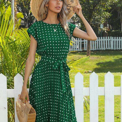 Jakoto Women's Chic Polka Dot High-Waisted Midi Dress with Short Sleeves