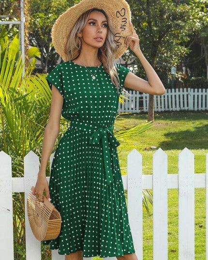 Jakoto Women's Chic Polka Dot High-Waisted Midi Dress with Short Sleeves