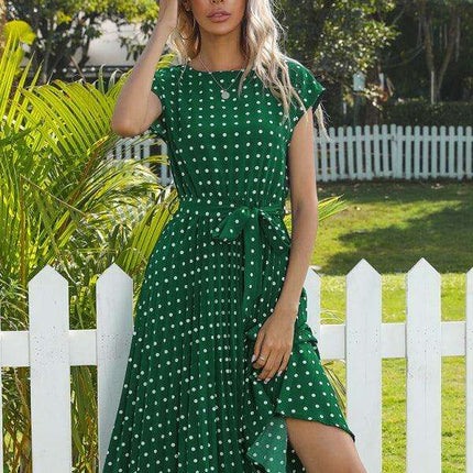 Jakoto Women's Chic Polka Dot High-Waisted Midi Dress with Short Sleeves