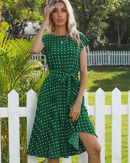 Jakoto Women's Chic Polka Dot High-Waisted Midi Dress with Short Sleeves