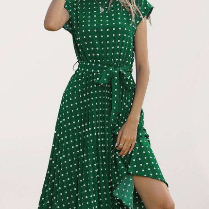 Jakoto Women's Chic Polka Dot High-Waisted Midi Dress with Short Sleeves