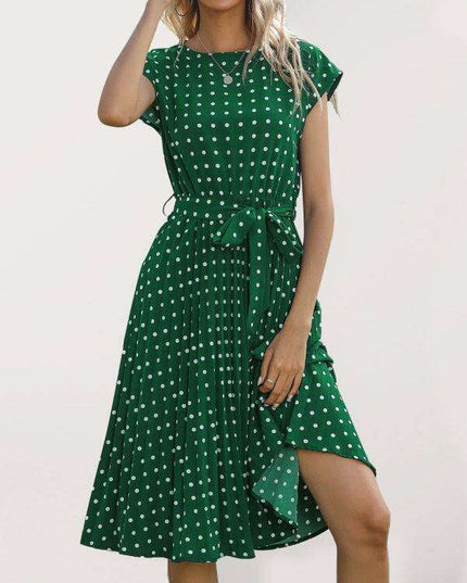 Jakoto Women's Chic Polka Dot High-Waisted Midi Dress with Short Sleeves
