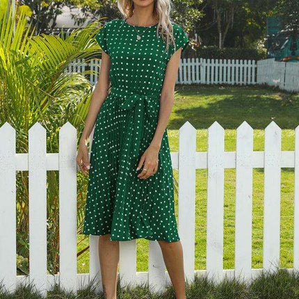 Jakoto Women's Chic Polka Dot High-Waisted Midi Dress with Short Sleeves