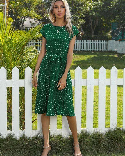 Jakoto Women's Chic Polka Dot High-Waisted Midi Dress with Short Sleeves