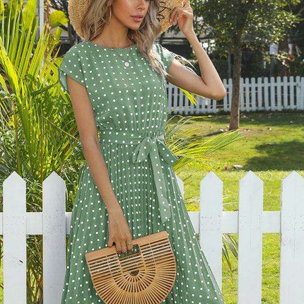 Jakoto Women's Chic Polka Dot High-Waisted Midi Dress with Short Sleeves