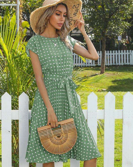 Jakoto Women's Chic Polka Dot High-Waisted Midi Dress with Short Sleeves