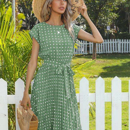 Jakoto Women's Chic Polka Dot High-Waisted Midi Dress with Short Sleeves