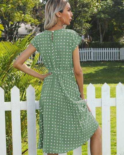 Jakoto Women's Chic Polka Dot High-Waisted Midi Dress with Short Sleeves