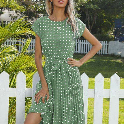 Jakoto Women's Chic Polka Dot High-Waisted Midi Dress with Short Sleeves