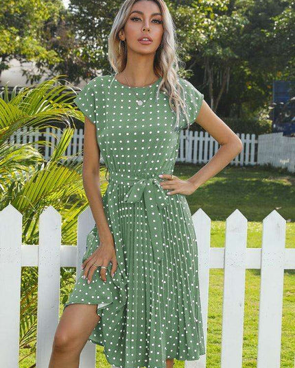 Jakoto Women's Chic Polka Dot High-Waisted Midi Dress with Short Sleeves