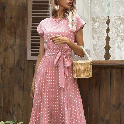 Jakoto Women's Chic Polka Dot High-Waisted Midi Dress with Short Sleeves