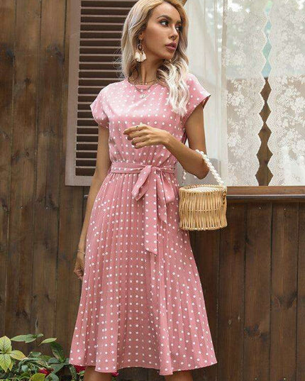 Jakoto Women's Chic Polka Dot High-Waisted Midi Dress with Short Sleeves