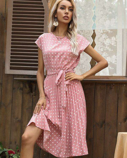 Jakoto Women's Chic Polka Dot High-Waisted Midi Dress with Short Sleeves