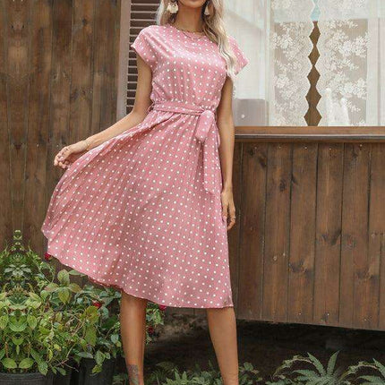 Jakoto Women's Chic Polka Dot High-Waisted Midi Dress with Short Sleeves