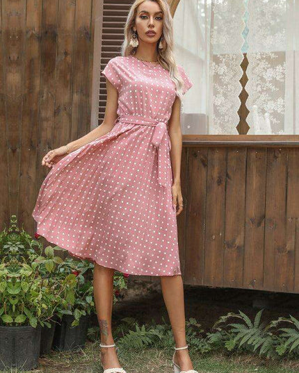 Jakoto Women's Chic Polka Dot High-Waisted Midi Dress with Short Sleeves