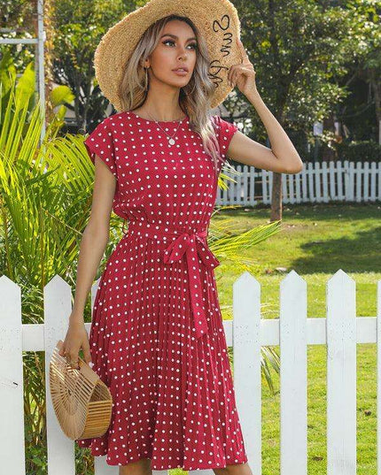 Jakoto Women's Chic Polka Dot High-Waisted Midi Dress with Short Sleeves