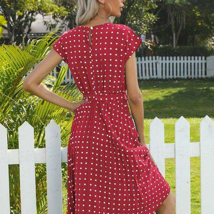 Jakoto Women's Chic Polka Dot High-Waisted Midi Dress with Short Sleeves