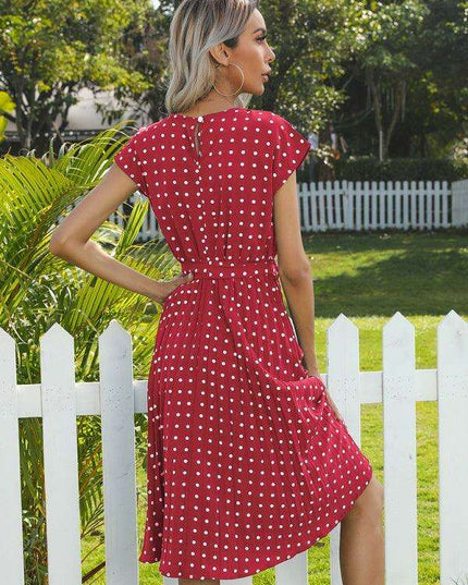 Jakoto Women's Chic Polka Dot High-Waisted Midi Dress with Short Sleeves