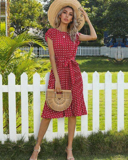 Jakoto Women's Chic Polka Dot High-Waisted Midi Dress with Short Sleeves