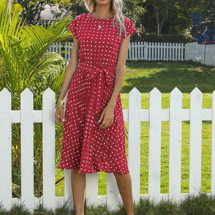 Jakoto Women's Chic Polka Dot High-Waisted Midi Dress with Short Sleeves