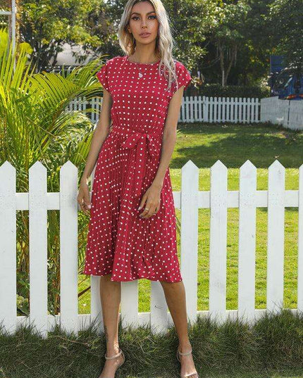 Jakoto Women's Chic Polka Dot High-Waisted Midi Dress with Short Sleeves