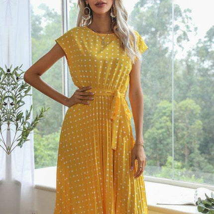 Jakoto Women's Chic Polka Dot High-Waisted Midi Dress with Short Sleeves