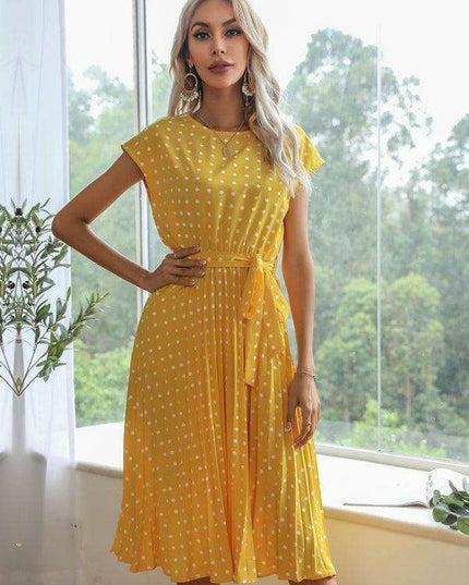 Jakoto Women's Chic Polka Dot High-Waisted Midi Dress with Short Sleeves