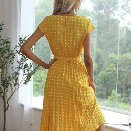 Jakoto Women's Chic Polka Dot High-Waisted Midi Dress with Short Sleeves