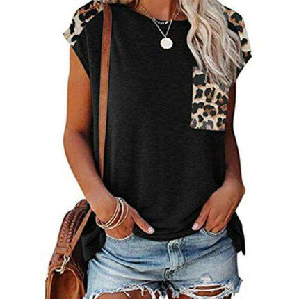 Safari Chic Women's Short Sleeve Tunic Top with Faux Animal Print Details