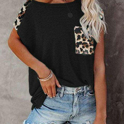 Safari Chic Women's Short Sleeve Tunic Top with Faux Animal Print Details