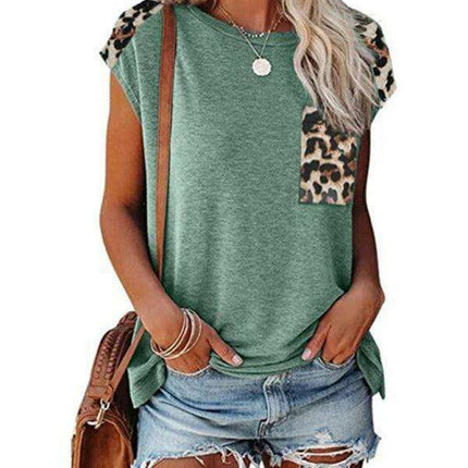 Safari Chic Women's Short Sleeve Tunic Top with Faux Animal Print Details