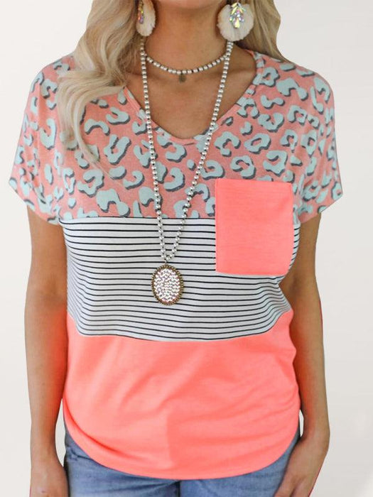 Leopard and Stripe Mixed Print Chest Pocket T-shirt for Women
