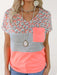 Leopard and Stripe Print Chest Pocket T-shirt for Women