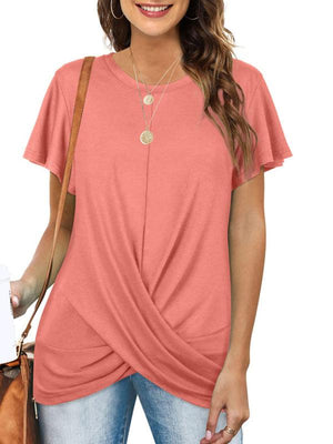 Women's Solid Color Twist Front Crewneck T-shirt-kakaclo-Pink-S-Très Elite